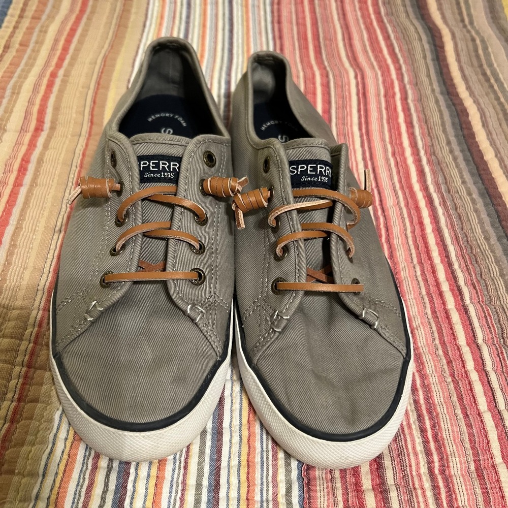 Sperry Top Sider Women's Grey Canvas Memory Foam Boat Shoes Sneakers Size 8.5